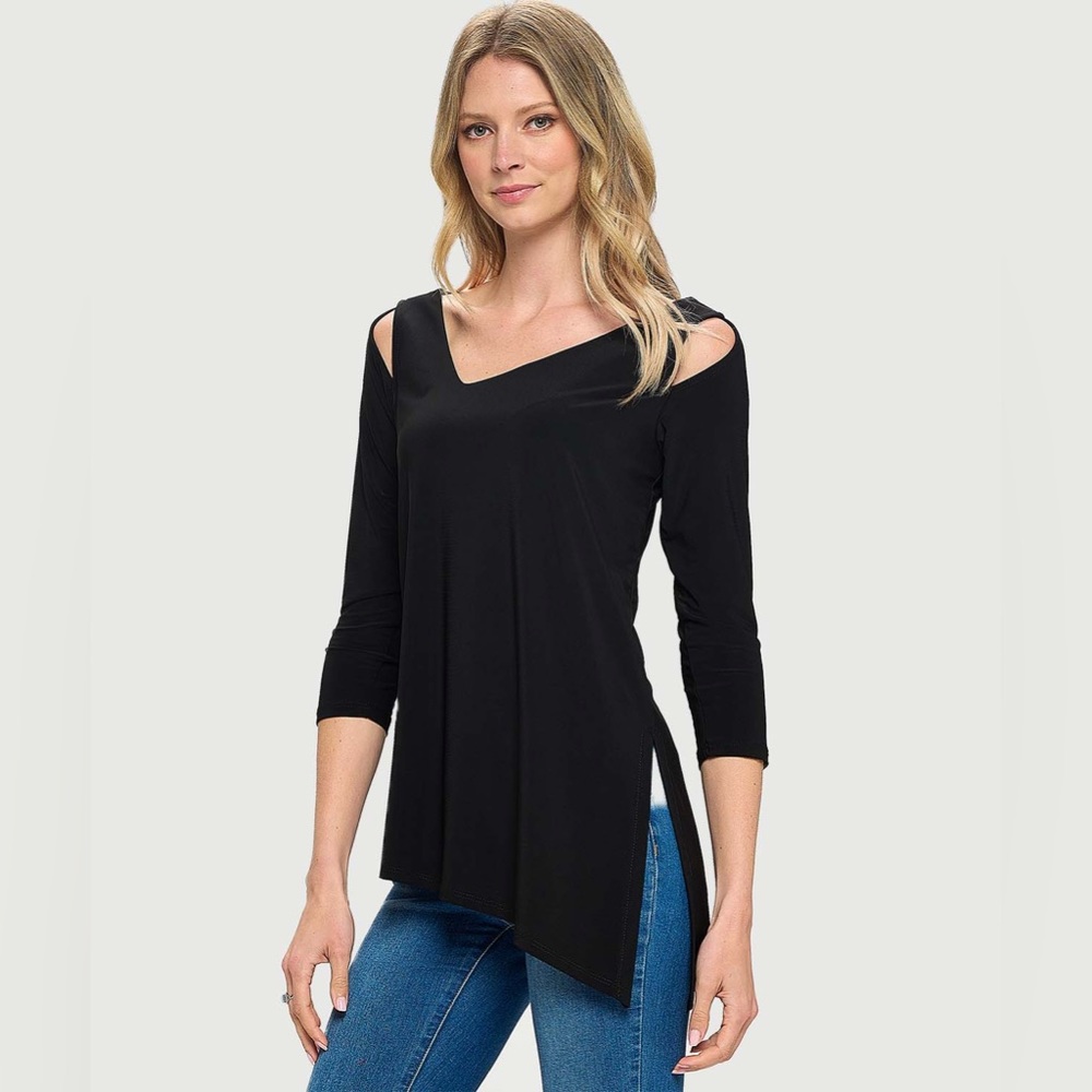 NWT Last Tango Asymmetrical 3/4 Sleeve Top in BROWN, Size Medium